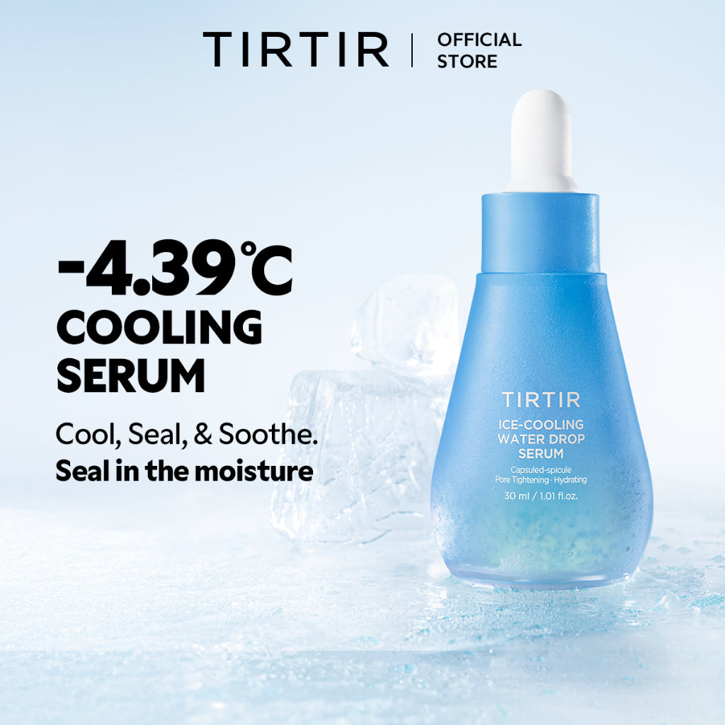 TIRTIR Ice-Cooling Water Drop Serum in a light blue dropper bottle, displayed on a cool icy background with text highlighting its -4.39°C cooling effect.