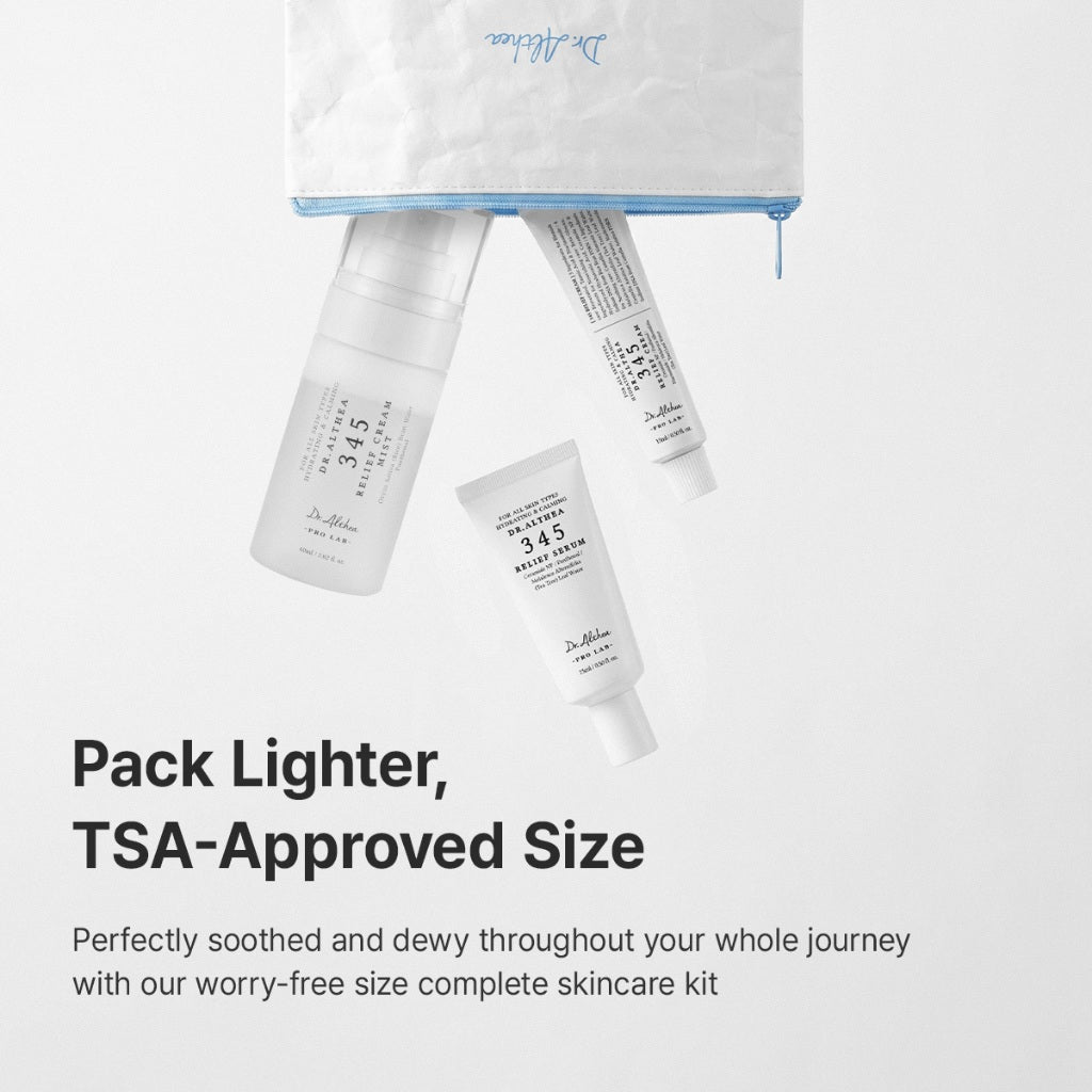 A Dr. Althea 345 Travel Set skincare set with three white bottles and tubes floating against a light gray background, with a white drawstring pouch above them. Large text reads 'Pack Lighter, TSA-Approved Size' with smaller descriptive copy below.