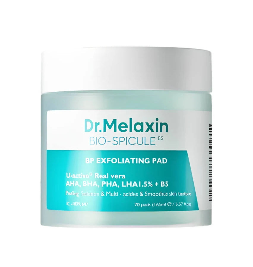 A jar of Dr. Melaxin Bio-Spicule BP Exfoliating Pad, featuring a white lid and a label with white and teal sections, set against a plain white background.