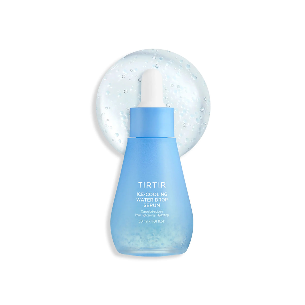 TIRTIR Ice-Cooling Water Drop Serum in a light blue dropper bottle with a white dropper top, shown on a white background with a translucent gel sphere graphic behind it.