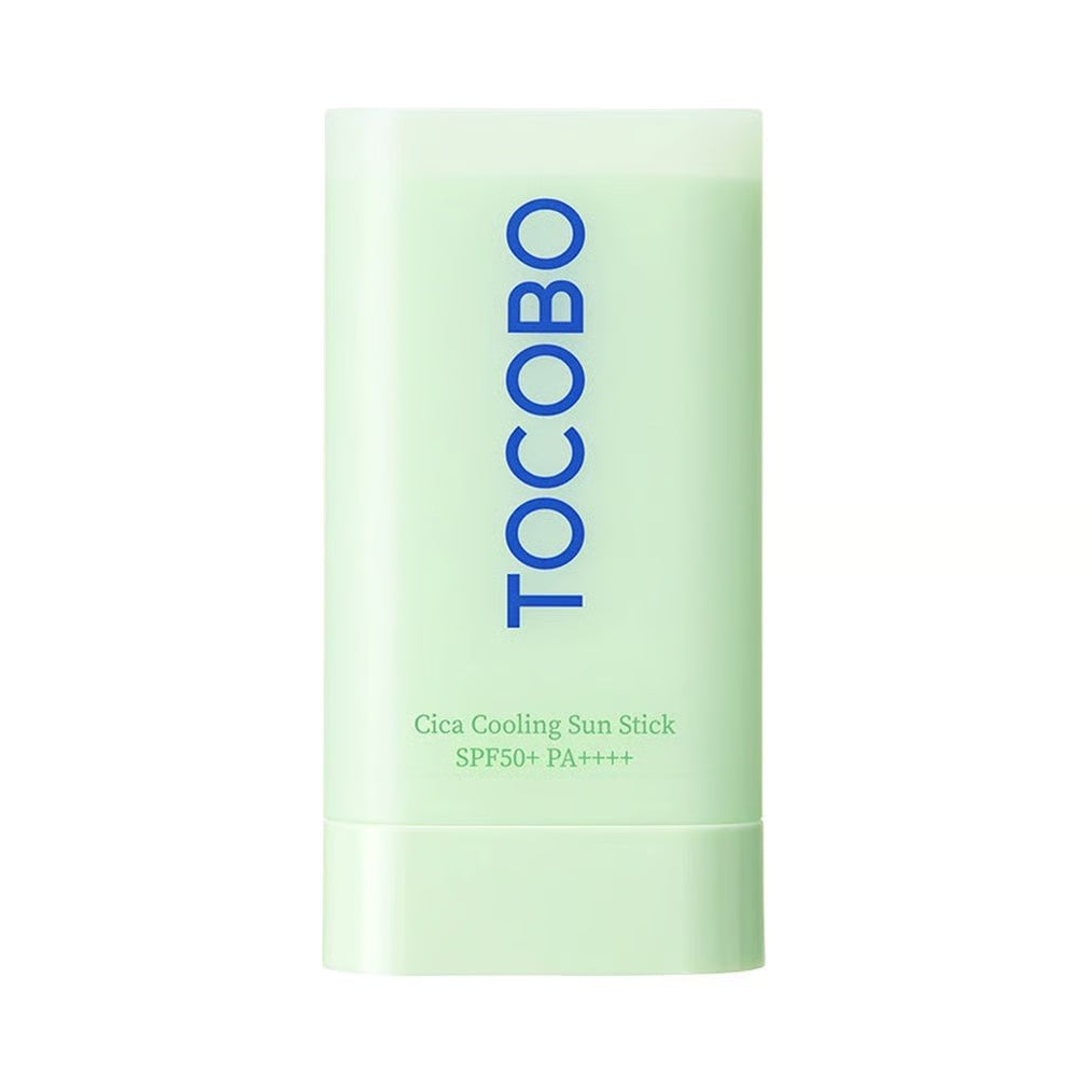 A light mint green stick of TocoBo Cica Cooling Sun Stick SPF50+ PA++++ on a solid white background.