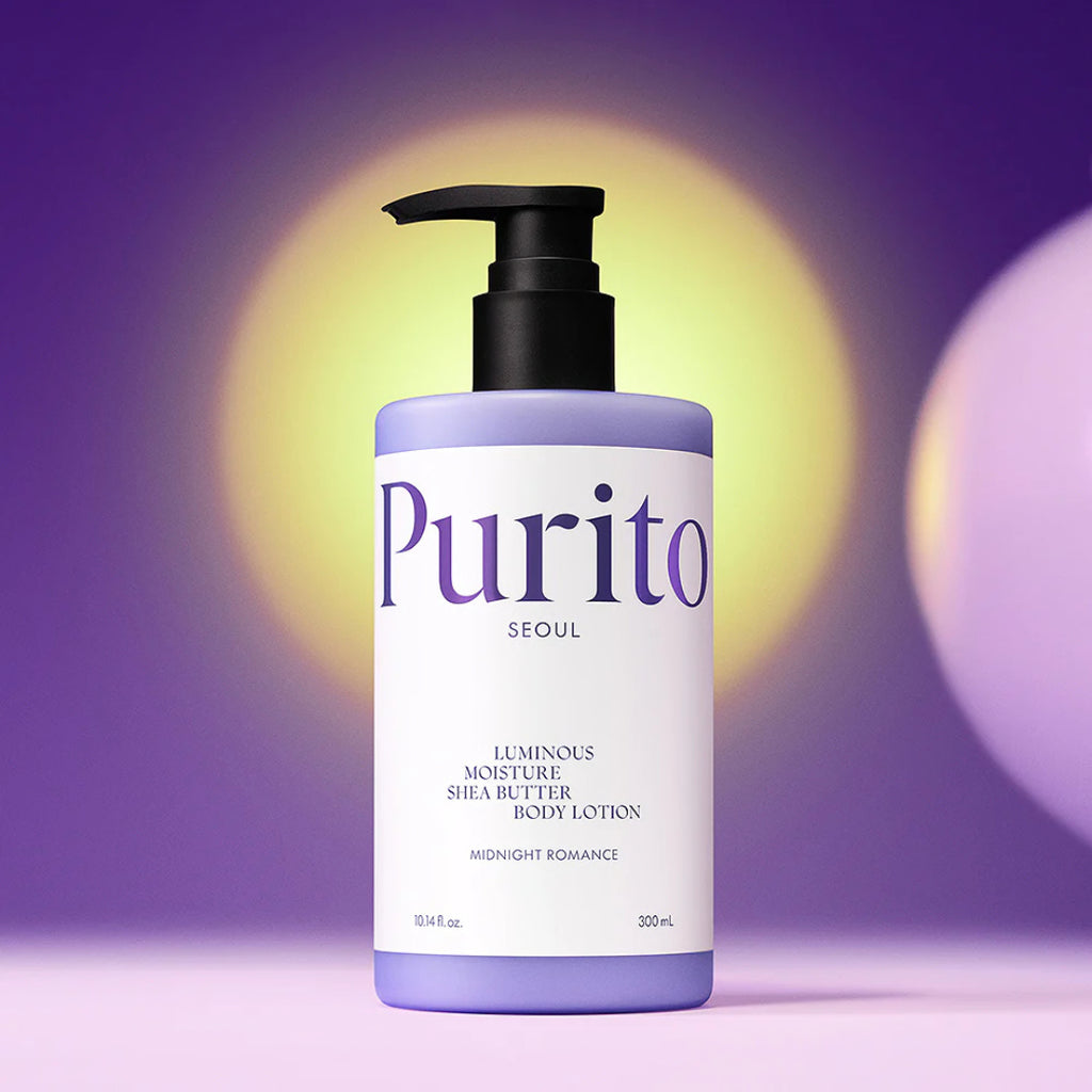 Purito Luminous Moisture Shea Butter Body Lotion bottle on a gradient purple background