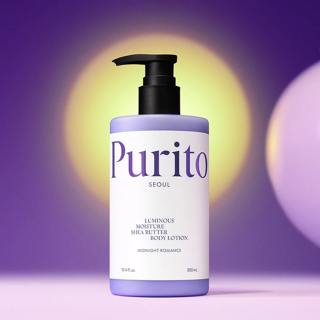 Purito Luminous Moisture Shea Butter Body Lotion bottle on a gradient purple background