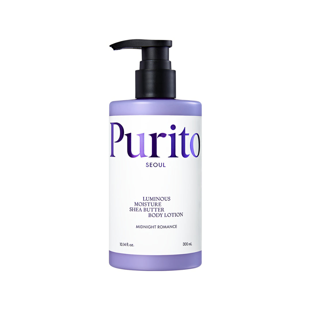 A bottle of Purito Luminous Moisture Shea Butter Body Lotion in Midnight Romance, featuring a lavender purple bottle, a white label with purple lettering, and a black pump dispenser, set against a plain white background.